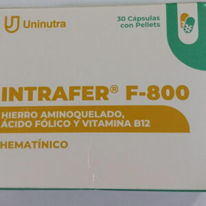 INTRAFER F-800 CÁPSULAS CON PELLETS,  HIERRO AMINOQUELADO,  ÁCIDO FÓLICO Y VIT. B12, CAJA CON 30 CÁPSULAS